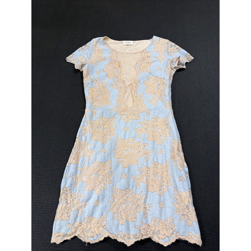 Storia Dress Women Medium Blue Beige Floral Lace Bodycon Mini Formal Mesh Deep V